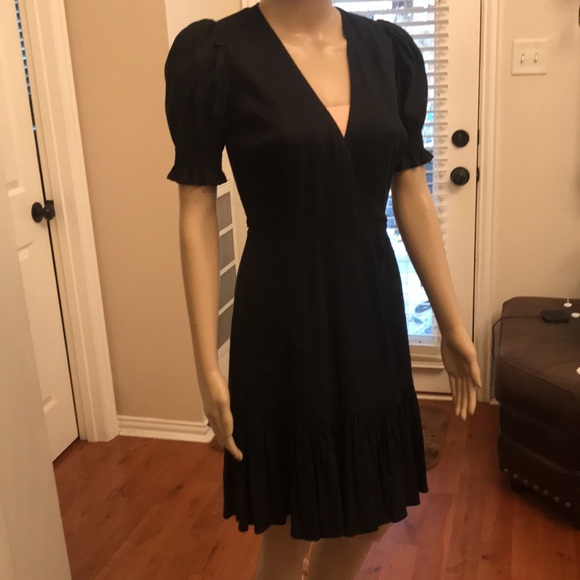 Antonio Melani Black Linen Surplice V-Neck Short Puff Sleeve Wrap Tie Dress - Picture 2 of 10